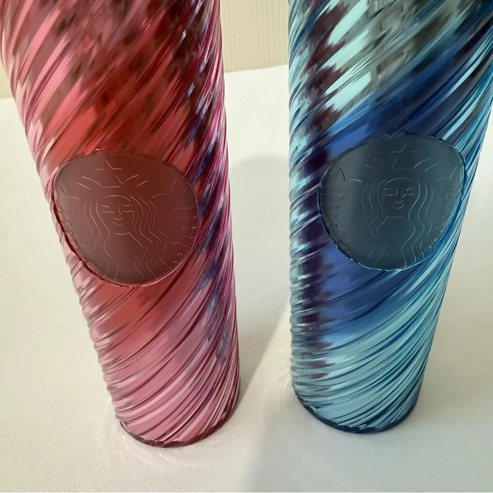 Starbucks 2022 Holiday Candy Cane Swirl Acrylic Tumbler Bundle Pink & Blue 16 OZ